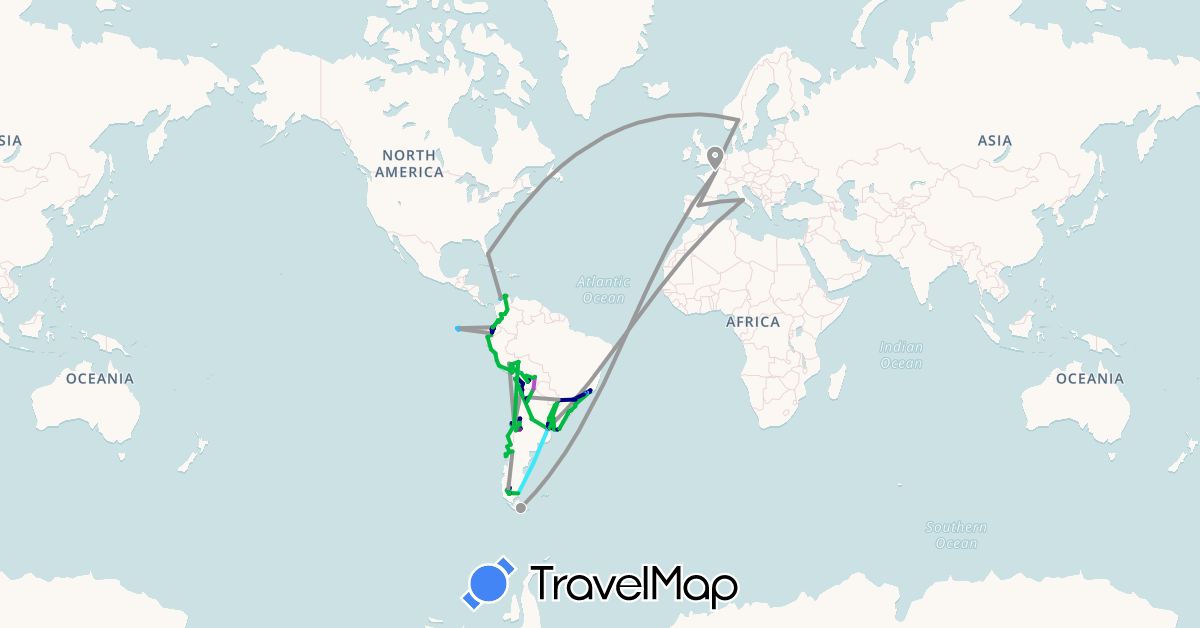 TravelMap itinerary: driving, bus, plane, train, hiking, boat, van de touristes, bus et ferry in Argentina, Bolivia, Brazil, Chile, Colombia, Ecuador, Spain, France, Italy, Norway, Peru, Uruguay (Europe, South America)